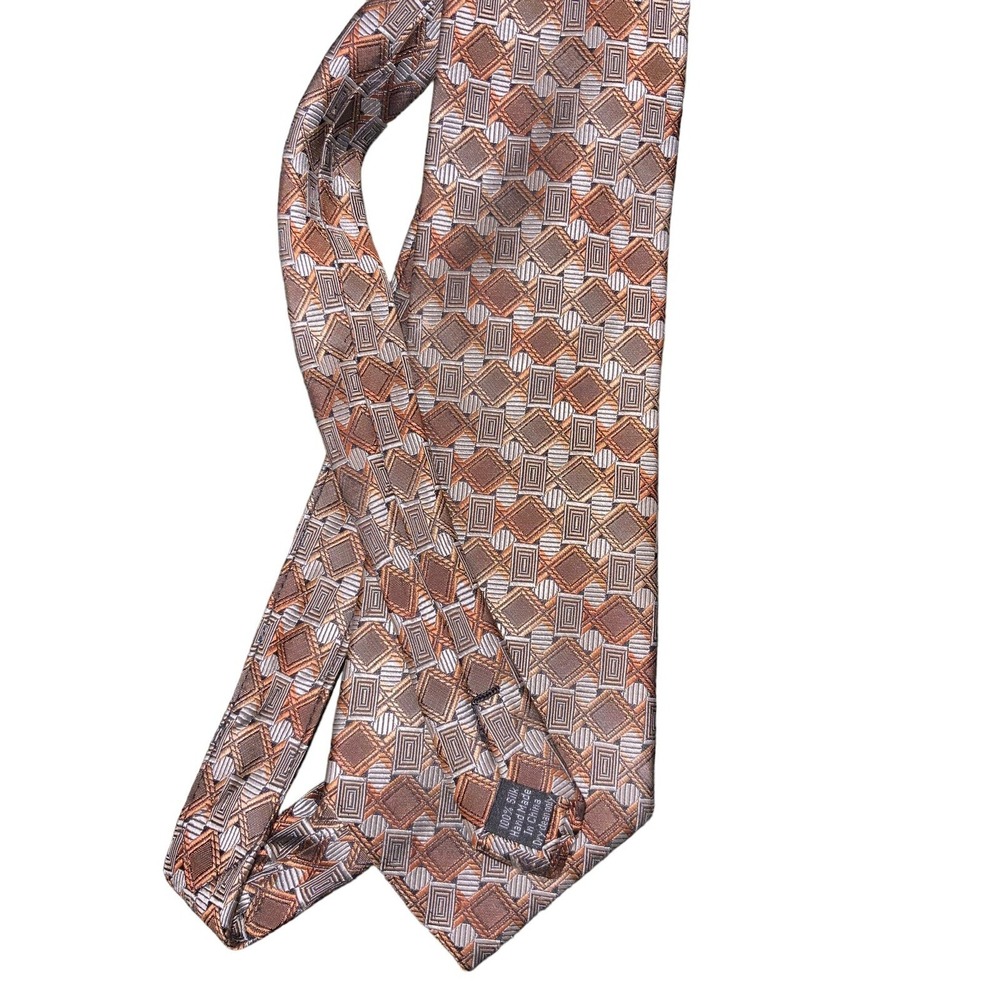 Pronto-Uomo 100% Silk Tie Brown And Copper Geometric Print